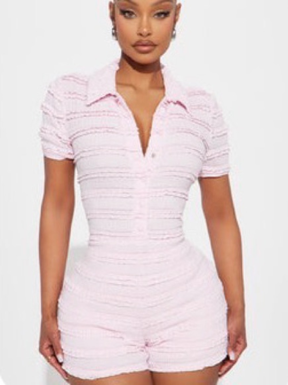 Fashion Nova Light Pink Textured Polo Button-Front romper